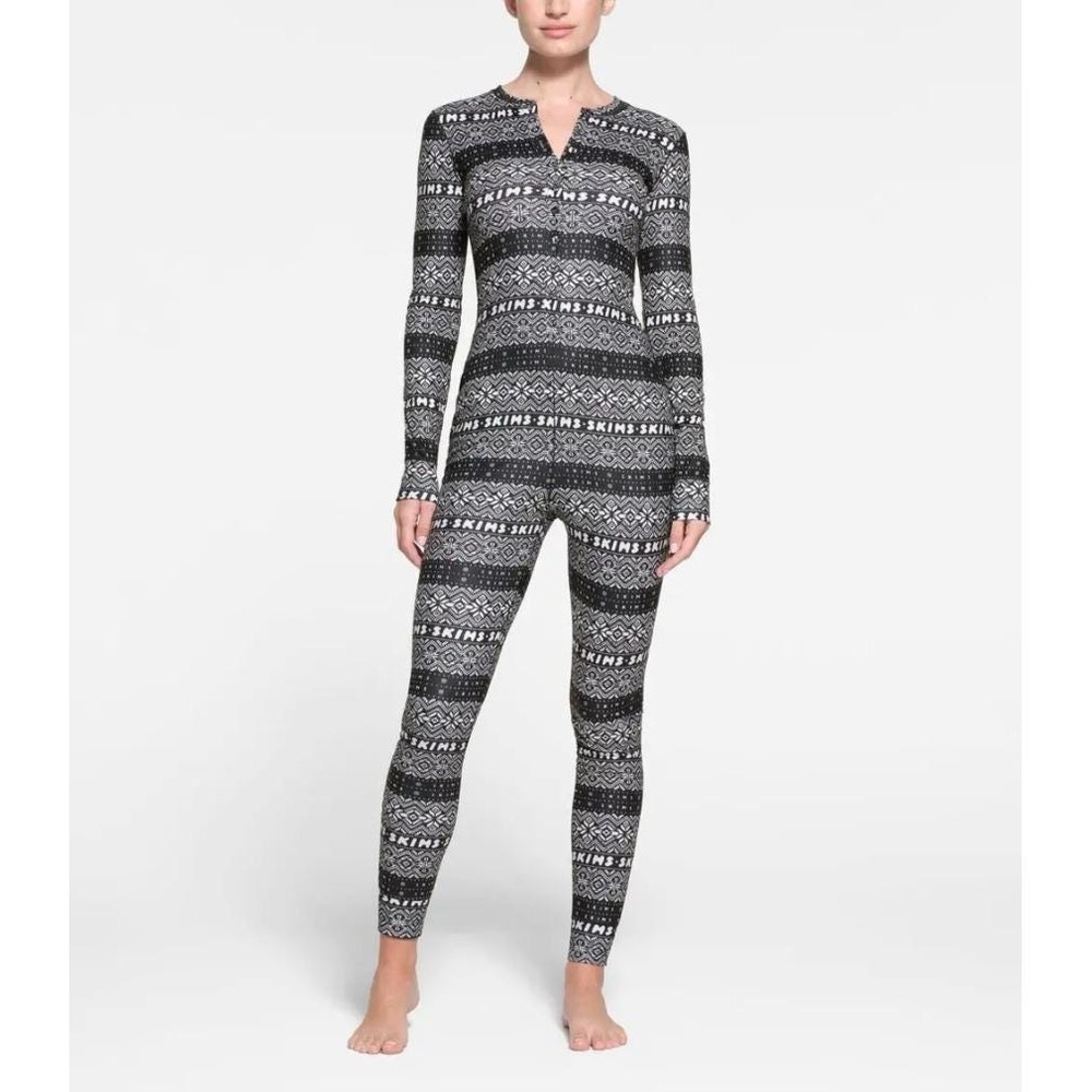Skims Logo Plush Pointelle Jumpsuit Onyx Mirror Fairisle, 4X